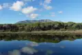 Ruhiger See mit Spiegelung von Bäumen und Himmel.