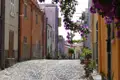 Gepflasterte Straße mit bunten Häusern und Bougainvillea.