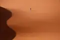 Eine Person steht auf einer Sanddüne, was auf eine Wanderung oder Erkundung in der Wüste hindeutet.