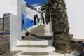 Blau-weiße Häuser und eine Treppe in einer Gasse. Ein Palmenstamm ist im Vordergrund sichtbar.