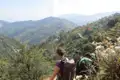 Wanderer mit Rucksäcken auf einem Bergpfad. Im Hintergrund terrassierte Reisfelder und bewaldete Hügel.