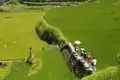 Wanderer mit Sonnenschirm erkunden die Reisterrassen.