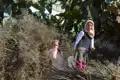 Zwei Mädchen stehen in einer Landschaft mit trockenen Ästen und einem Kaktus, ein Hinweis auf die lokalen Gegebenheiten.
