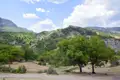 Grüne Landschaft mit Bäumen und Hügeln.