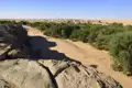 Trockenes Flussbett mit spärlicher Vegetation in einer ariden Landschaft. Eine Siedlung im Hintergrund zeigt die Anpassung an die trockenen Bedingungen.