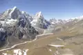 Panorama der Himalaya-Bergkette mit Schnee, Felsen und einem Tal.