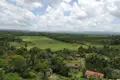 Ländliche Landschaft mit Feldern und Häusern.
