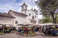 Blumenmarkt vor dem Santuario Mariano in [Stadtname]. Händler verkaufen eine große Auswahl an bunten Blumen. Die weiße Fassade der Kirche bildet einen Kontrast zu den lebendigen Farben des Marktes.
