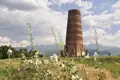 Alter Turm inmitten einer blühenden Landschaft mit Bergen im Hintergrund.
