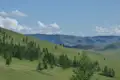 Grüne Hügellandschaft mit Bäumen.