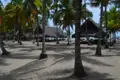 Hütten am Strand unter Palmen.