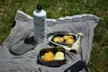 Picknickausrüstung mit zubereiteten Speisen und Getränken, ausgebreitet auf einer Decke im Gras.