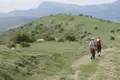 Zwei Wanderer auf einem Bergpfad. Im Hintergrund sind grasende Tiere und Berge zu sehen.