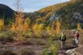 Zwei Wanderer auf einem Pfad in einer herbstlichen Landschaft.