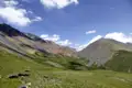 Grüne Hügellandschaft und Gebirge mit bunten Gesteinsschichten.