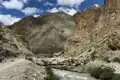 Viehtrieb durch ein Gebirgstal: Schafe und Ziegen überqueren eine Brücke.
