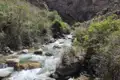 Ein Fluss mit Stromschnellen fließt durch eine Schlucht, umgeben von Felsen und Pflanzen.