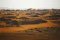 Panoramablick auf eine Wüstenlandschaft mit Sanddünen.