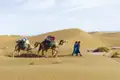 Zwei Kamele transportieren Gepäck durch eine Sandwüste, begleitet von zwei Personen. Dies verdeutlicht die Art der Reise und die Landschaft.