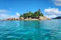 Kleine Insel mit Palmen und türkisfarbenem Wasser.