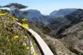Blick auf die terrassierten Felder und das Gebirge, entlang eines Bewässerungskanals.