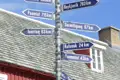 Wegweiser mit Entfernungsangaben zu verschiedenen Zielen in Grönland und Island, darunter Nuuk (680 km), Paamiut (715 km), Isortoq (63 km), Reykjavik (763 km), Sermiligaaq (67 km), Kulusuk (24 km) und Kuummiut (43 km).