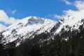 Schneebedeckte Berggipfel und Tannenwald