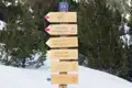 Wegweiser im Pirin-Gebirge mit Angaben zu Wanderwegen und Hütten, inklusive Gehzeiten und E4-Symbol.