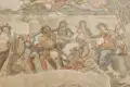 Abgebildetes Detail eines römischen Mosaiks mit verschiedenen Figuren, möglicherweise aus der Mythologie, und griechischen Inschriften.
