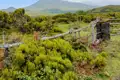 Vulkanlandschaft mit Zaun und Vegetation.