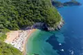 Luftansicht eines abgelegenen Strandes mit türkisfarbenem Wasser, weißem Sandstrand und bewaldeter Küste.