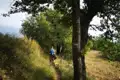 Person mit Rucksack wandert mit Hund auf einem schmalen Pfad.