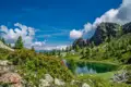 Alpenpanorama mit Bergsee und blühenden Alpenrosen.