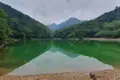 Blick auf einen smaragdgrünen See, umgeben von bewaldeten Hügeln unter einem bewölkten Himmel.