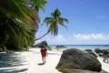 Person wandert an einem tropischen Strand mit Palmen und Felsen entlang.