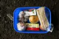 Lunchbox mit Reiseverpflegung: Sandwiches, Orange, Ei, Muffin und Getränk.