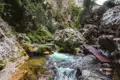 Holzsteg über einen Fluss in einer bewaldeten Schlucht.