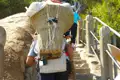 Träger mit großem Weidenkorb auf dem Rücken beim Aufstieg einer Steintreppe.