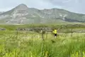 Zwei Wanderer auf einer Bergwanderung durchqueren eine grüne Wiese. Im Hintergrund erhebt sich ein imposanter Berg.