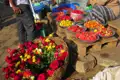 Rosen in verschiedenen Farben werden auf einem Markt in Schalen und einem großen Korb angeboten.