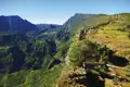 Wanderer genießen die Aussicht von einem Bergpfad auf ein üppiges grünes Tal.