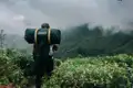 Wanderer mit Zelt im Teefeld vor nebliger Bergkulisse.