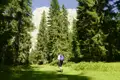 Wanderer auf einem Waldweg mit Blick auf den Berg