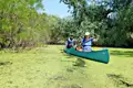 Zwei Paddler in einem Kanu auf einem von Wasserlinsen bedeckten Fluss.