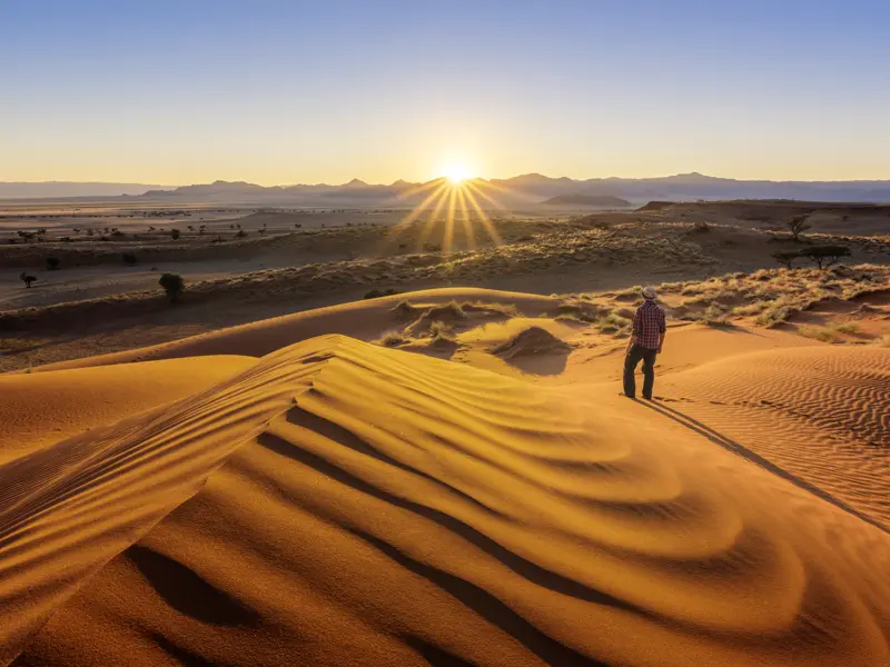 Zu einer großen Rundreise durch Namibia gehört bei Studiosus auch die Wanderung auf die Dünen am Sossusvlei zum Sonnenaufgang