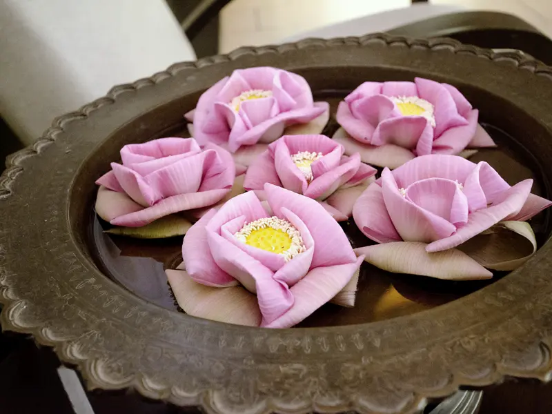 Schalen mit Blumenblüten sind eine beliebte Dekoration in Kambodscha, die wir auf unserer Studienreise sehen werden.