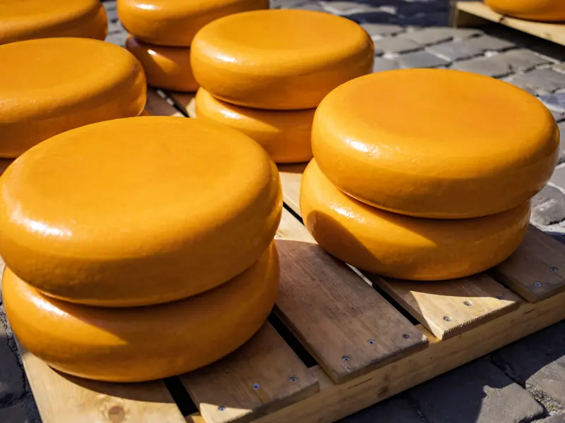 Gouda ist der Inbegriff für Käse aus den Niederlanden. Wir statten dem wöchentlich stattfindenden Käsemarkt einen Besuch ab und bahnen uns den Weg zwischen den aufgestapelten, goldgelb leuchtenden Käselaiben.