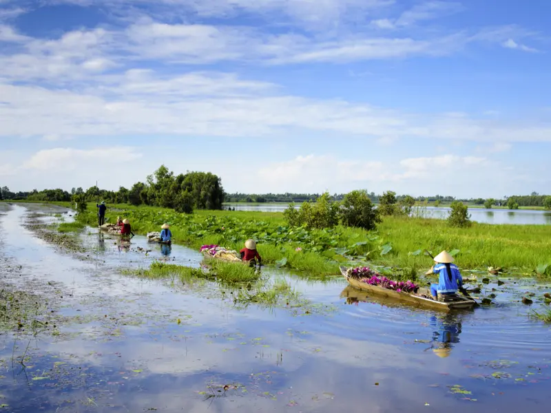 Auf unserer Studienreise nach Vietnam sehen wir Bauern, die ihre Ware auf kleinen Holzbooten zum Markt bringen.
