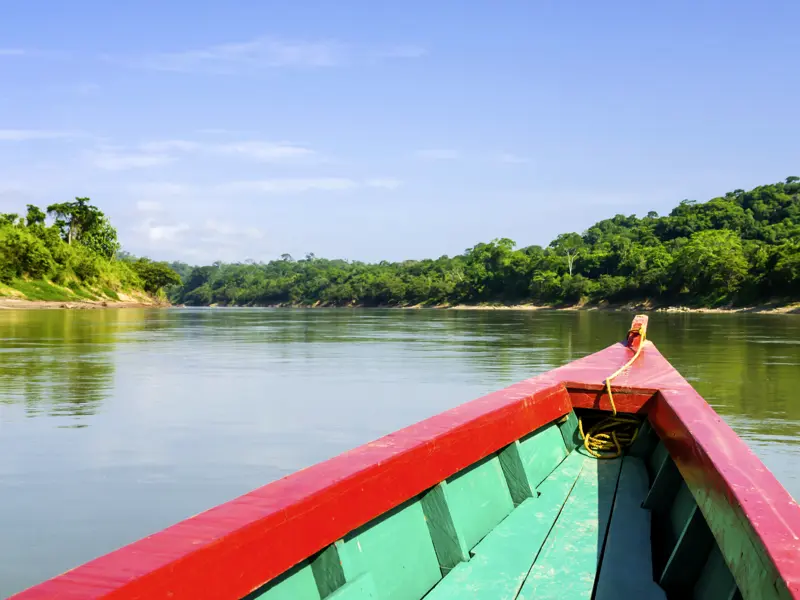 Auf unserer Klassik-Studienreise nach Mexiko, Guatemala und Belize fahren wir mit dem Boot zu den Ruinen von Yaxchilán und Lamanai, die sich im Regenwald verstecken. Allein der Weg wäre das Ziel!