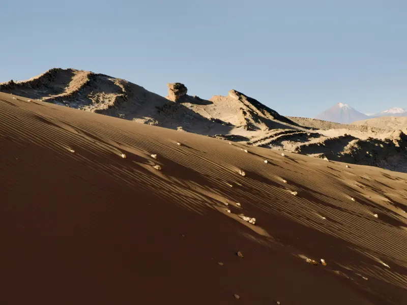Auf unserer Studienreise durch Chile erleben wir die unterschiedlichsten Landschaften, wie die bizarr geformten Felsen und Dünen in der Atacamawüste.
